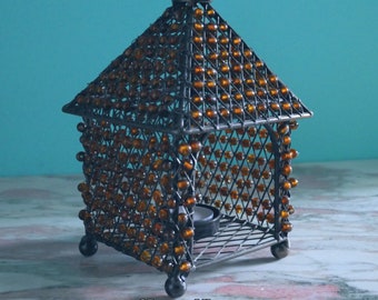 Cast Iron Pagoda w/ Amber Glass Beaded Lantern