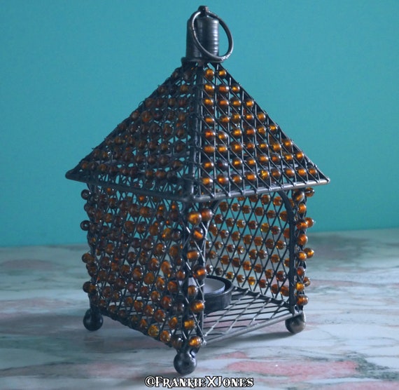 Cast Iron Pagoda W Amber Glass Beaded Lantern Etsy