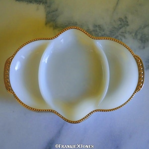 Fire King Milk Glass & Gold Divided Dish