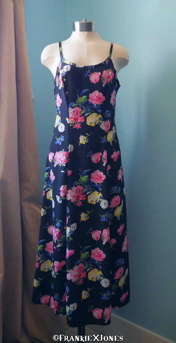 90's Bright Floral Black Midi Dress - image 1