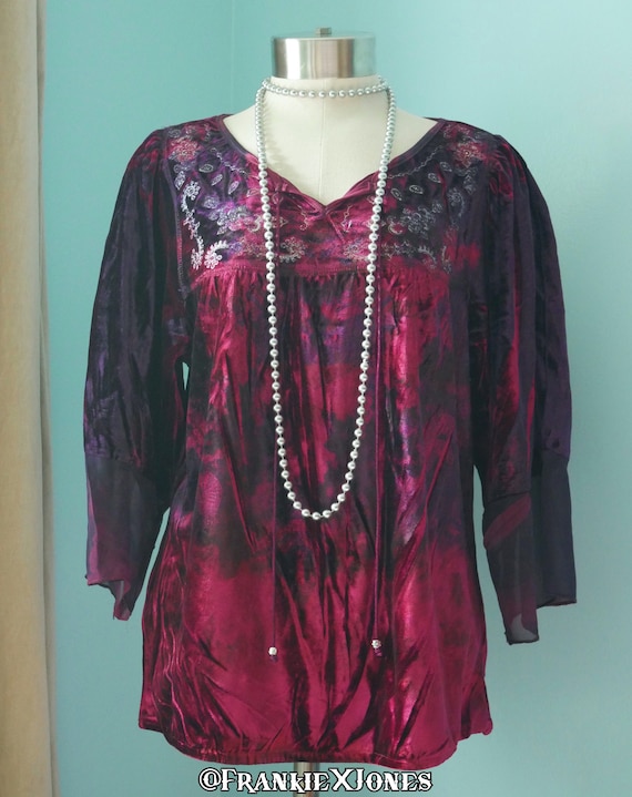 Tie Dye Purple Velvet Butterfly Sleeve Peasant Top