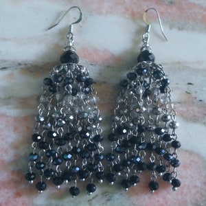 90&#39;s Art Deco Black & Silver Beaded Dangle Tassle Earrings