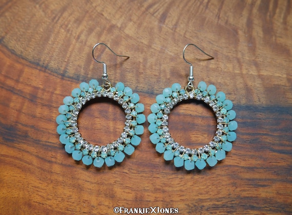 2000's Blue Sea Glass Rhinestone Hoop Earrings