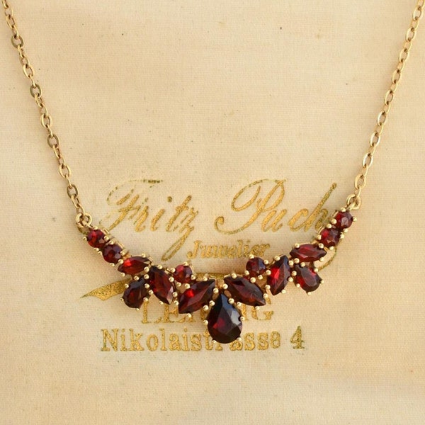 German Vintage 8K Gold Red Garnet Necklace, 333 Gold Garnet Chain Necklace