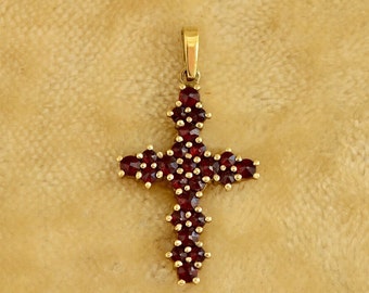 Vintage Bohemian Garnet Gold Plated 925 Silver Cross Pendant