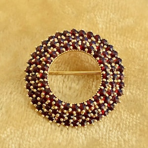 Vintage 3-tiered Bohemian Garnet Gold Plated 900 Silver Brooch Pin, Art Deco Style Jewelry