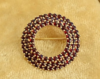 Vintage 3-tiered Bohemian Garnet Gold Plated 900 Silver Brooch Pin, Art Deco Style Jewelry