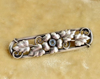 Art Deco Blue Paste 835 Silver Floral Bar Pin Brooch, Laurin Mark, Germany, 1930&#39;s