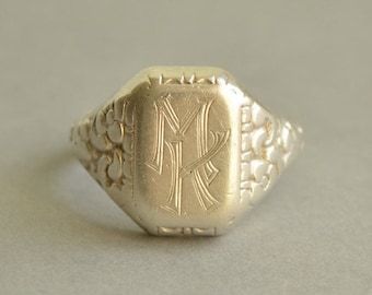 Antique 830 Silver MK Initials Signet Ring Size 11.5