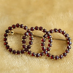 Vintage Bohemian Garnet Gold Plated 900 Silver Triple Circle Brooch Pin