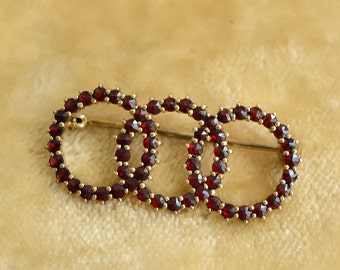 Vintage Bohemian Garnet Gold Plated 900 Silver Triple Circle Brooch Pin