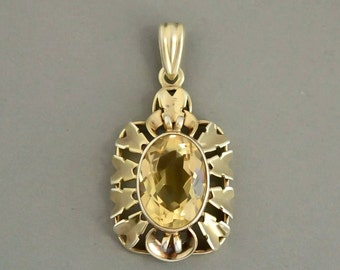 Art Deco Large Natural Citrine Gilded Silver Pendant, Europe, 1930&#39;s