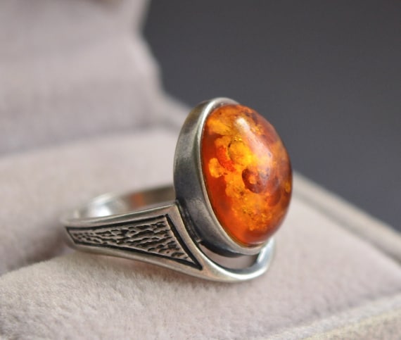 Bague Ancienne En Argent 925 Et Ambre De La Baltique - Taille 56, Occasion