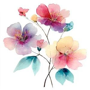 Könnte beinhalten: Eine Aquarellillustration eines Blumenarrangements mit drei großen Blüten in Rosa-, Violett- und Gelbtönen, begleitet von kleineren Knospen und blaugrünen Blättern an dünnen, dunklen Stielen vor einem schlichten weißen Hintergrund.