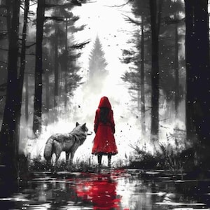 Puede incluir: Ilustración de una persona con una capa roja con capucha en un bosque, con un lobo gris. La escena es principalmente en blanco y negro, con la capa roja como punto focal. Se ve un reflejo en el agua.