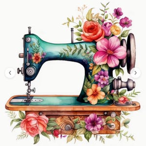 May include: An illustration of a teal sewing machine decorated with vibrant flowers. The machine has a wooden base and is embellished with roses, hibiscus, and other blooms in pink, orange, and purple. Green leaves and vines complete the floral design.