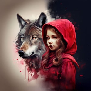 Könnte beinhalten: Eine digitale Illustration einer jungen Person mit welligem braunem Haar, die einen leuchtend roten Kapuzenumhang trägt, neben einem detaillierten grauen und braunen Wolf. Der Hintergrund wechselt von hellem Beige zu tiefem Schwarz mit roten Farbspritzern.