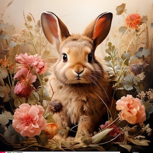 Puede incluir: Un conejo marrón con orejas largas sentado en un lecho de flores rosas y blancas. El conejo tiene un pelaje suave y esponjoso y mira directamente a la cámara.
