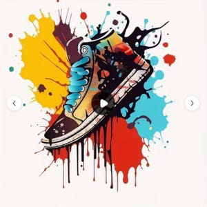 May include: An artistic illustration of a high-top trainer with blue laces, set against a backdrop of colourful paint splatters in yellow, red, and blue. The trainer features a black and brown design with white accents.