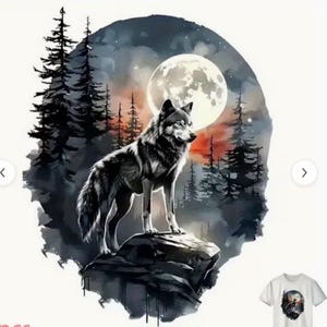 May include: A black and grey wolf stands on a rock, set against a backdrop of a full moon, trees, and a starry sky. The artwork has a watercolour style, with a white t-shirt featuring the same design in the lower right corner.