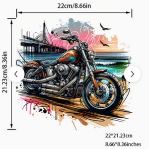 May include: An illustration of a motorcycle with a bridge and ocean scene. The image shows a detailed orange and black motorcycle, measuring 22cm wide and 21.23cm high. Two birds fly in the sky, with colourful paint splatters.