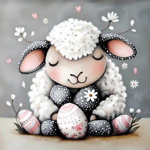 Op de afbeelding: Een grillige illustratie van een schaap met gesloten ogen, omringd door paaseieren en bloemen. Het schaap heeft een pluizig wit lichaam, roze wangen en zwart-wit gestippelde oren. De eieren zijn versierd met roze en witte patronen.