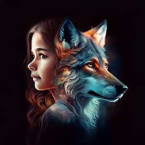 Panel Samt Velur Mädchen mit Wolf  Maße:ca.45x45cm nähen