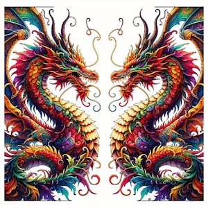 Peut inclure: Deux dragons colorés se faisant face avec des détails complexes sur un fond blanc.