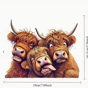 Könnte beinhalten: Eine humorvolle Illustration von drei Highland-Rindern mit übertriebenen Gesichtsausdrücken. Das Bild ist 18 cm breit und 14,11 cm hoch. Die Kühe haben braunes Fell, Hörner und rosa Nasen, eine Kuh streckt die Zunge heraus.