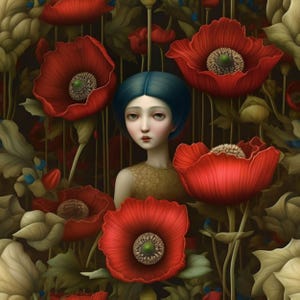Peut inclure: Illustration artistique d'une femme aux cheveux bleus entourée de grands coquelicots rouges. La femme porte un haut doré et a le teint pâle. Le fond est un motif floral sombre avec des lignes verticales.
