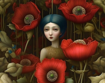Panel velvet velour girl with poppies dimensions: approx. 45x45cm sewing