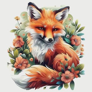 Op de afbeelding: Digitale illustratie van een vos met oranje en witte vacht, omringd door oranje bloemen en groene bladeren. De vos heeft een gedetailleerd gezicht met een zwarte neus en expressieve ogen, tegen een zachte groene achtergrond.