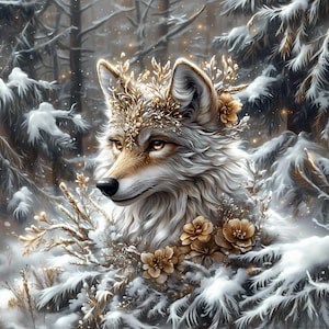 Könnte beinhalten: Digitales Gemälde eines Wolfes in einem verschneiten Wald. Der Wolf hat weißes und braunes Fell, goldene Augen und eine goldene Blumenkrone. Der Hintergrund zeigt schneebedeckte Bäume und ein weiches, leuchtendes Licht.