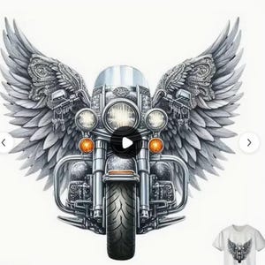 Op de afbeelding: Gedetailleerde illustratie van een motorfiets met grote, gedetailleerde vleugels. De motorfiets is weergegeven in grijstinten en zilver, met heldere koplampen en oranje richtingaanwijzers. De vleugels zijn ingewikkeld getekend en geven het ontwerp een dramatische uitstraling.