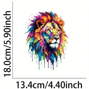 May include: A vibrant lion head design with a watercolor effect. The lion's face has a colorful mane in shades of orange, yellow, blue, and green. The design measures 18.0cm/5.90 inches high and 13.4cm/4.40 inches wide.