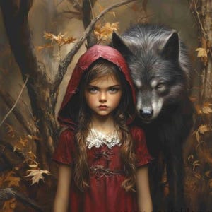 Puede incluir: Una niña pequeña con una capa roja con capucha está de pie en un bosque con un lobo a su lado. La niña tiene el pelo largo y castaño y mira directamente al espectador. El lobo está mirando a la niña. El fondo es un bosque oscuro con hojas caídas.