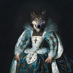 Könnte beinhalten: Ein Wolf, der ein blaues und weißes Kleid mit einem großen weißen Rüschenkragen und einem juwelenbesetzten Kreuz trägt. Der Wolf hat blaue Augen und einen ernsten Ausdruck.