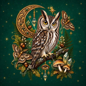 Könnte beinhalten: Eine detaillierte Illustration mit einer braun-weißen Eule auf einem Ast, umgeben von zwei Nachtfaltern, Eicheln, Farnen, Pilzen und Kristallen. Ein verzierter goldener Halbmond schwebt darüber, ergänzt durch ein Auge-Amulett.