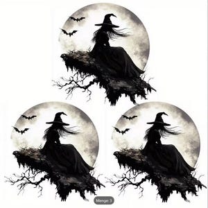 Può includere: Tre trasferelli grafici circolari identici che mostrano la sagoma di una strega con cappello a punta seduta sul bordo di una scogliera scura e frastagliata davanti a una grande luna piena testurizzata con diversi pipistrelli in volo.