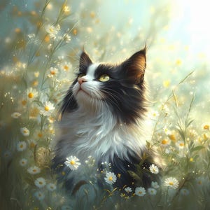 Peut inclure: Un chat noir et blanc aux yeux jaunes regarde vers le haut, entouré de marguerites blanches et de hautes herbes vertes. Le chat a une fourrure duveteuse, et la scène est baignée de lumière douce, créant une esthétique naturelle et rêveuse.