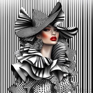 Peut inclure: Portrait numérique d'une femme portant un chapeau et un col à volants audacieux, avec des motifs noir et blanc. Le chapeau est grand et le col est superposé. La femme a du rouge à lèvres rouge et un fond rayé.