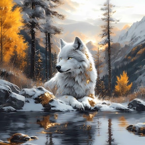 Könnte beinhalten: Digitales Gemälde eines weißen Wolfes mit goldenen Akzenten, der sich in der Nähe eines reflektierenden Gewässers ausruht. Das Kunstwerk zeigt eine verschneite Landschaft mit Bäumen und Bergen im Hintergrund, in warmem, goldenem Licht.