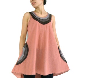 Loose Cotton Tank Tops in Peach Sleeveless Women Cotton Blouse Summer Festival Beach Clothing Unique Style with Pockets - SF TOP019