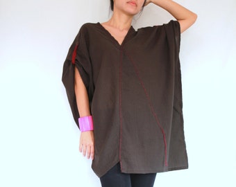Brown Cotton Boho Tunic Top - Oversized Asymmetrical Blouse / V neck Summer Loose Tops - Top023