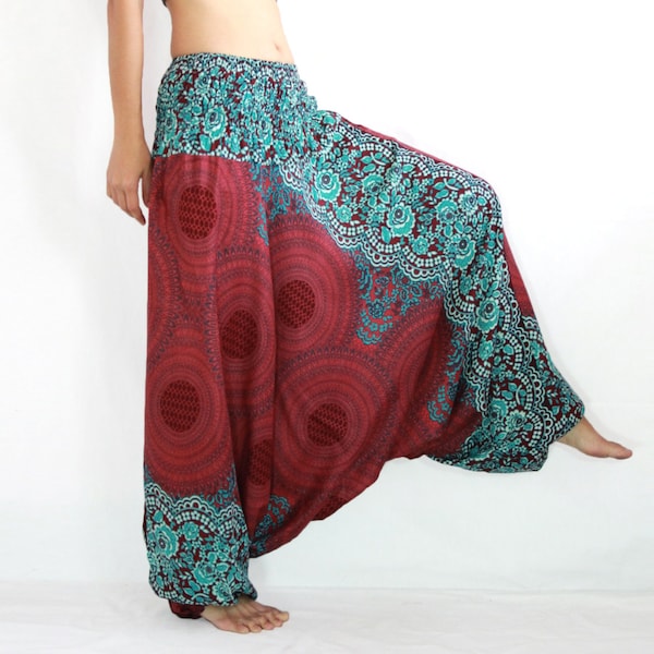 Sarouel Pants Women Trousers Drop Crotch Pants Mandala Print Aladdin Pants Yoga Pants in Red - CP PNT005