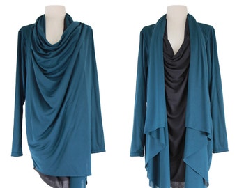 Deep Teal Blue Tunic Wrap Sweater Light Jacket for Women Asymmetrical Layered Long Sleeves Open Front Tops in Black Blue Teal - 11196