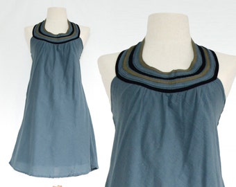 SALE- Women Sleeveless Loose A-Shaped Dress Cotton Knee Length Dress Grey Dusty Blue Cadet Blue Halter Dress with Smocked Back - SF SD012