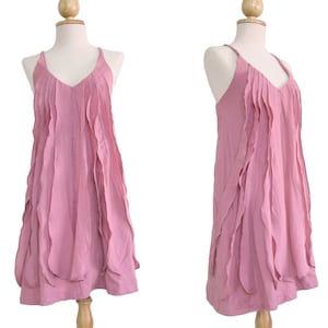 Hellrosa Kleid Damen Sonnenkleid Zierliches Rüschenkleid in weichem Baumwollkleid Spaghettigurt Minikleid Vneck Knielang fließendes Kleid - SD006