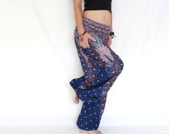 Thai Elephant Pants Hippie Harem Yoga Loose Lightweight Baggy Summer Trousers Navy Blue Peacock Pants with Pockets - CP PNT004