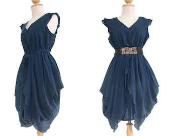 Women Navy Blue Cocktail Dress Cotton Mini Dress Vneck Layered Dress Knee Length Dress in Black Blue Grey Purple High Waisted SD003